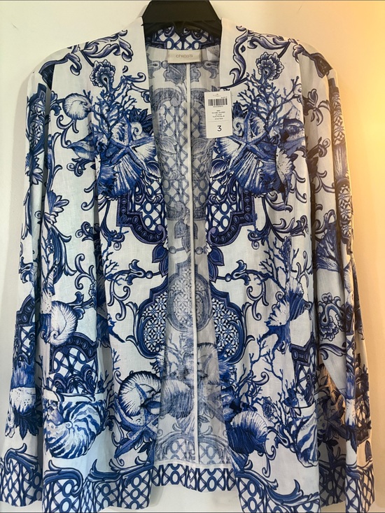 Chico's Jackets & Blazers - Chico's White & Blue SanibelShores Linen Botanical Shell Open Front Cardigan Sz3